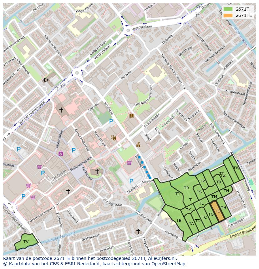 Afbeelding van het postcodegebied 2671 TE op de kaart.