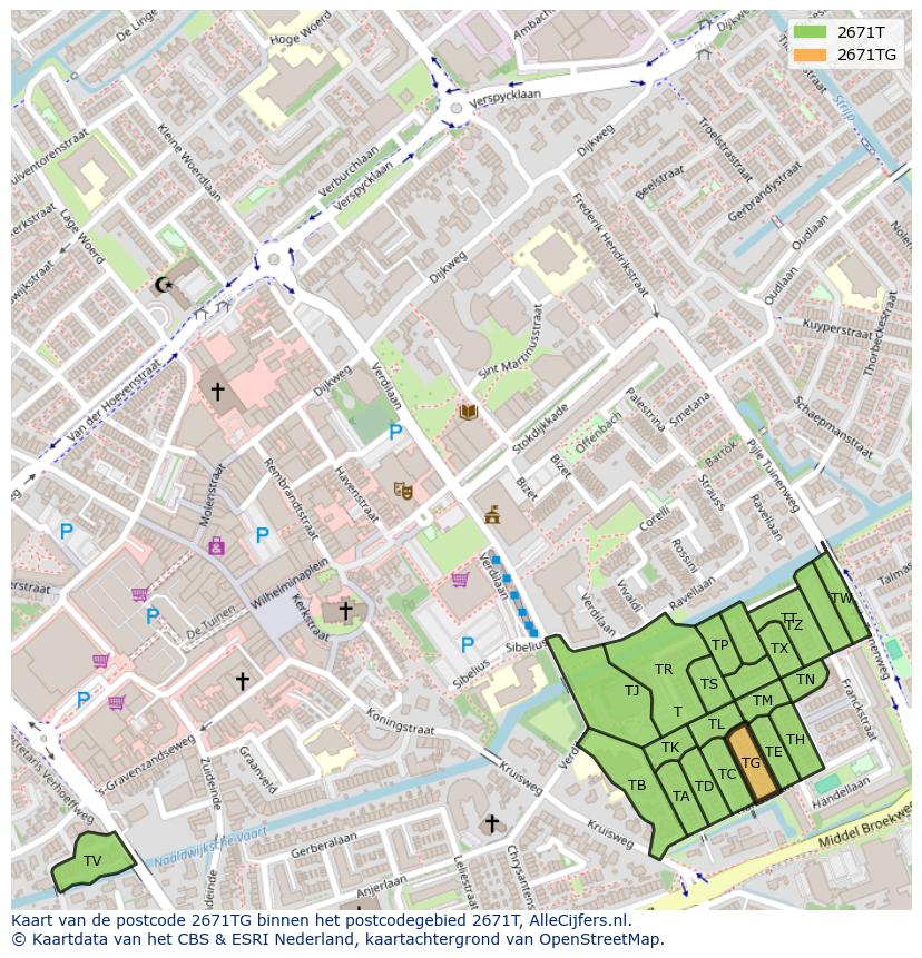 Afbeelding van het postcodegebied 2671 TG op de kaart.