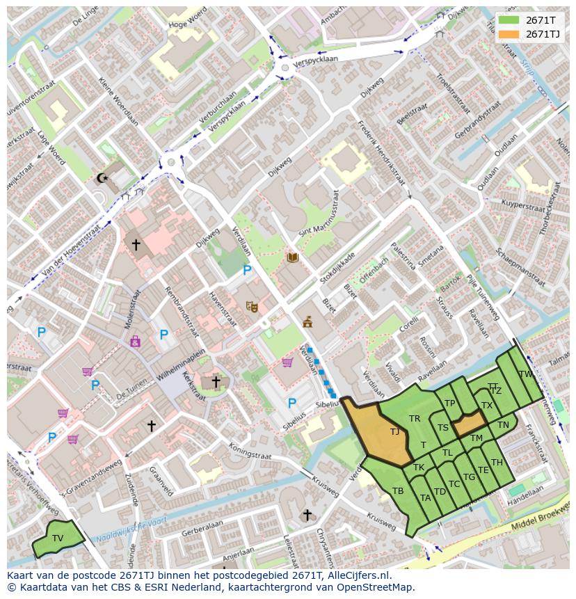 Afbeelding van het postcodegebied 2671 TJ op de kaart.