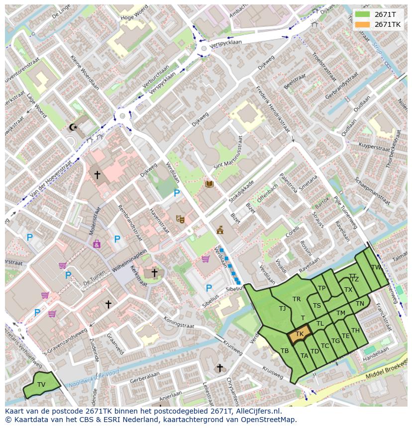 Afbeelding van het postcodegebied 2671 TK op de kaart.