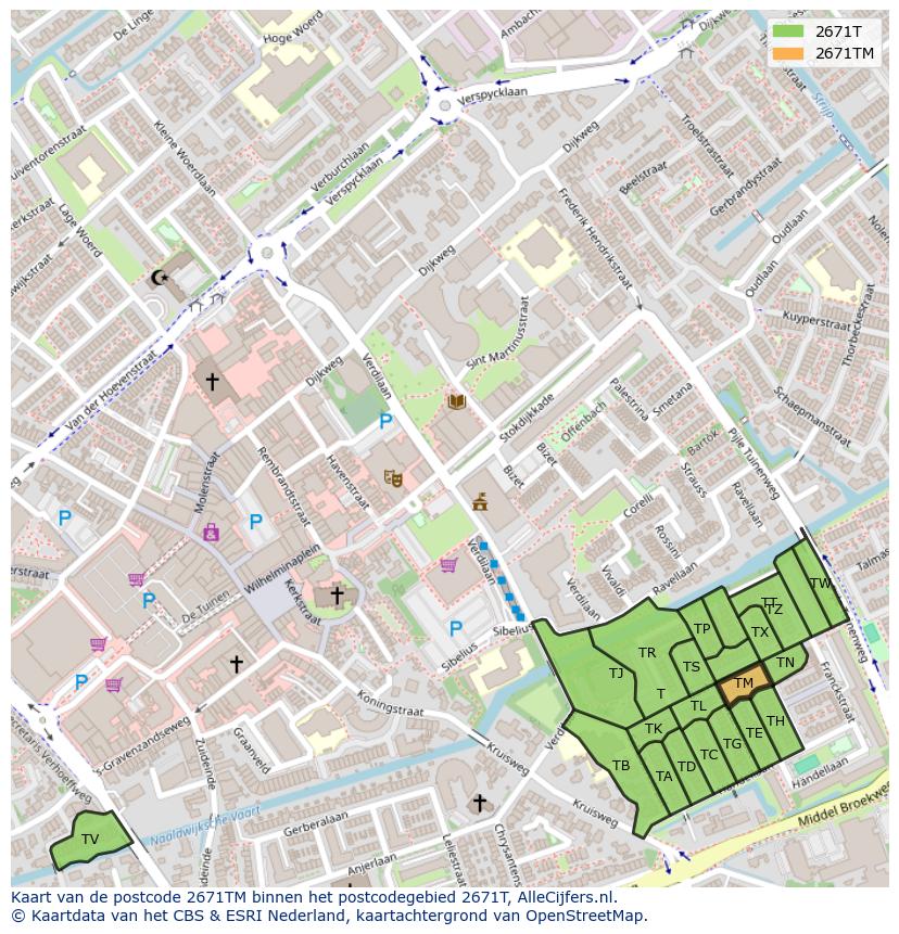 Afbeelding van het postcodegebied 2671 TM op de kaart.