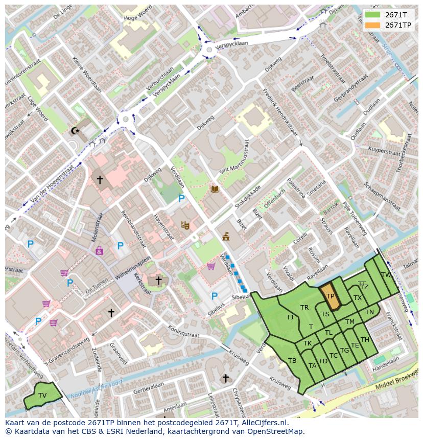 Afbeelding van het postcodegebied 2671 TP op de kaart.