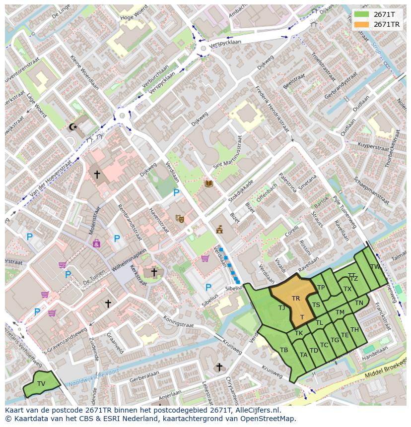 Afbeelding van het postcodegebied 2671 TR op de kaart.