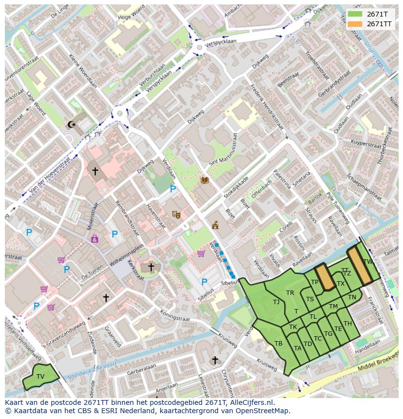 Afbeelding van het postcodegebied 2671 TT op de kaart.