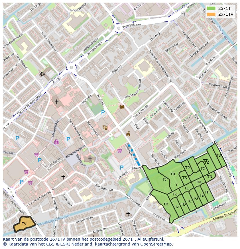 Afbeelding van het postcodegebied 2671 TV op de kaart.