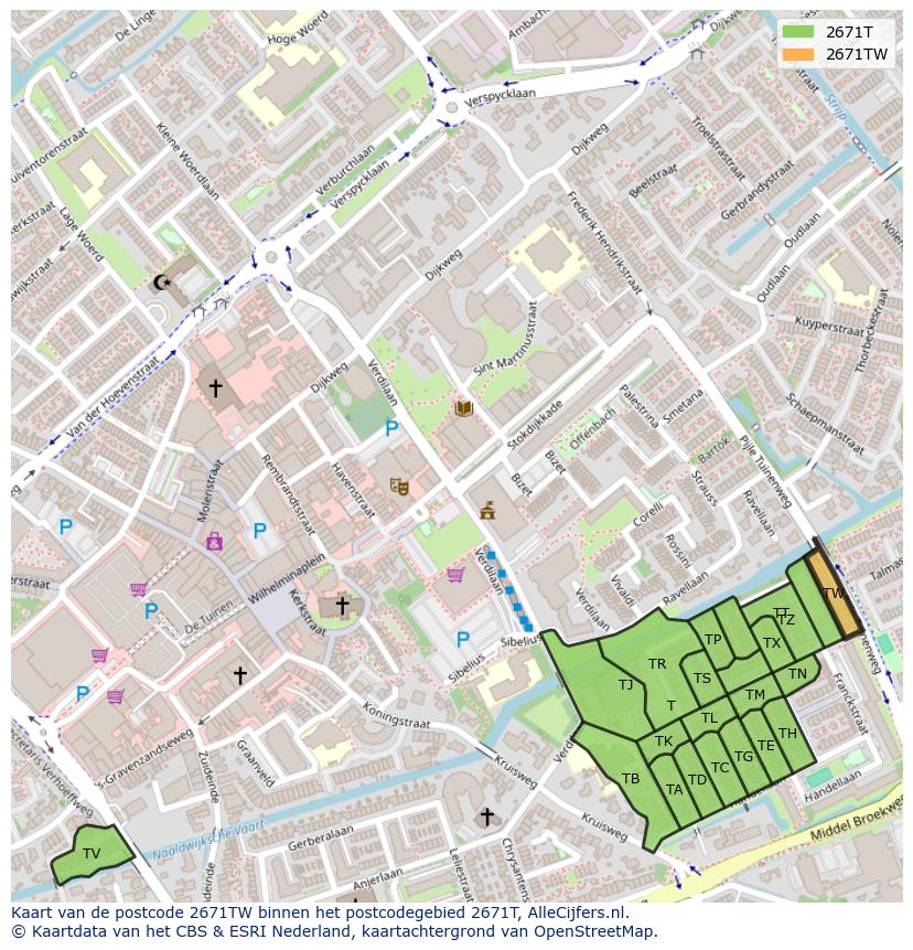 Afbeelding van het postcodegebied 2671 TW op de kaart.