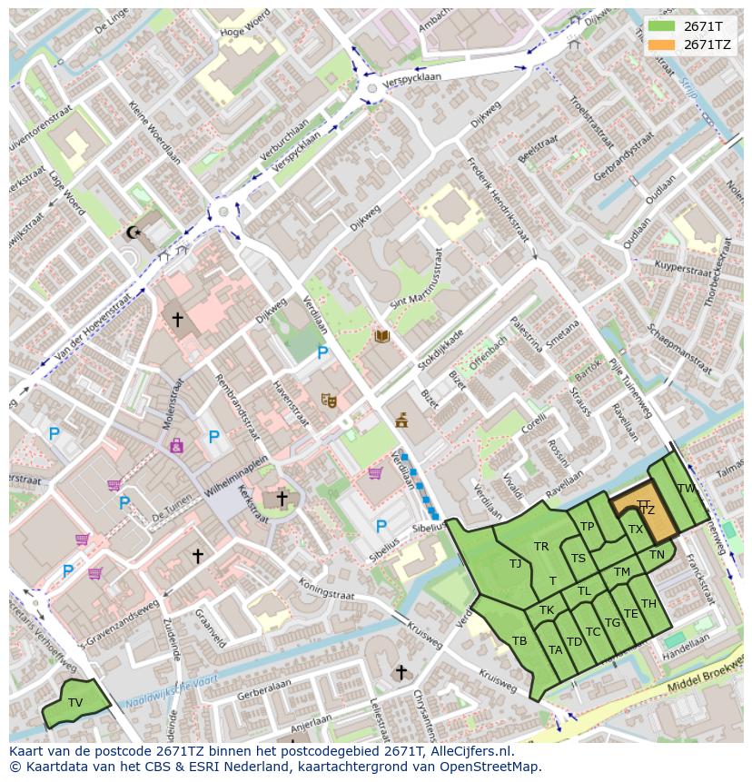 Afbeelding van het postcodegebied 2671 TZ op de kaart.
