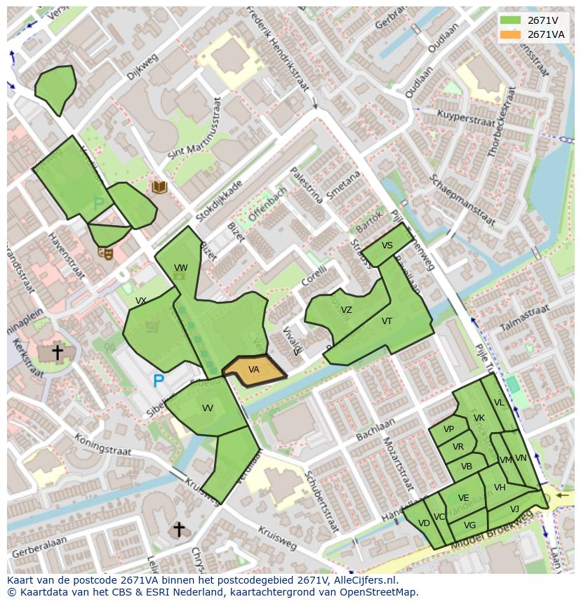 Afbeelding van het postcodegebied 2671 VA op de kaart.