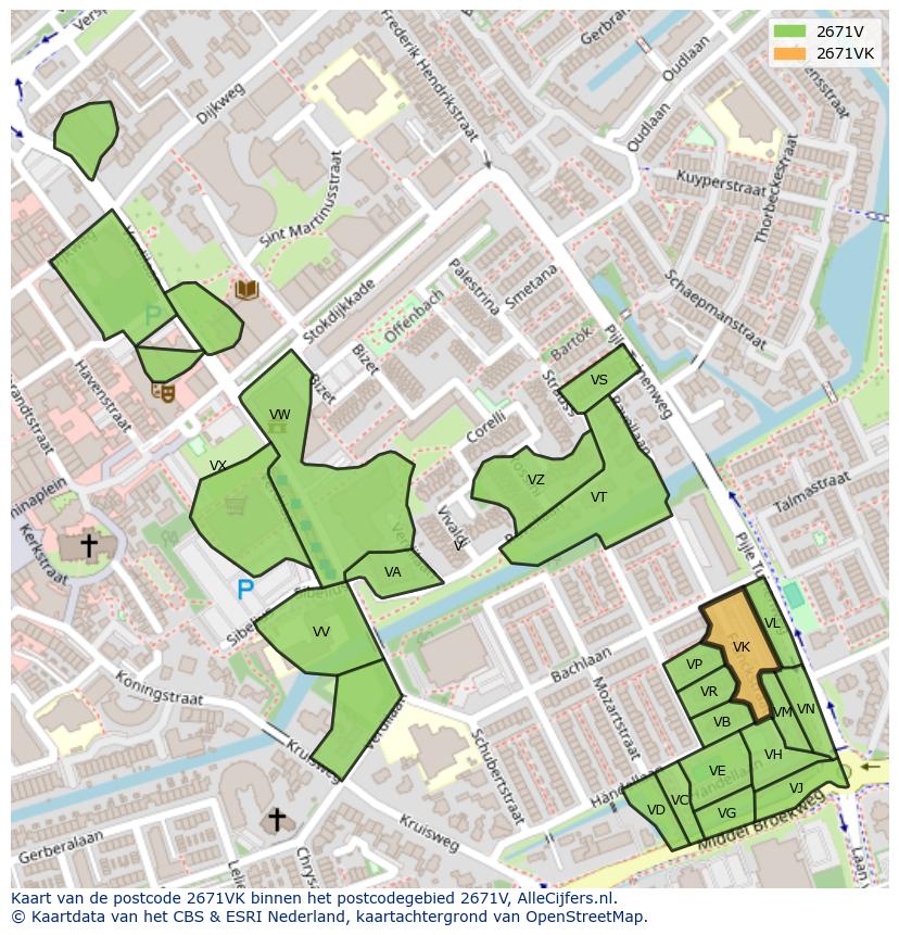 Afbeelding van het postcodegebied 2671 VK op de kaart.