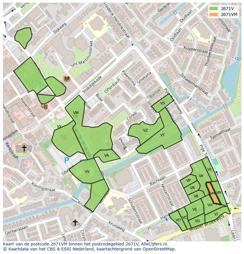 Afbeelding van het postcodegebied 2671 VM op de kaart.