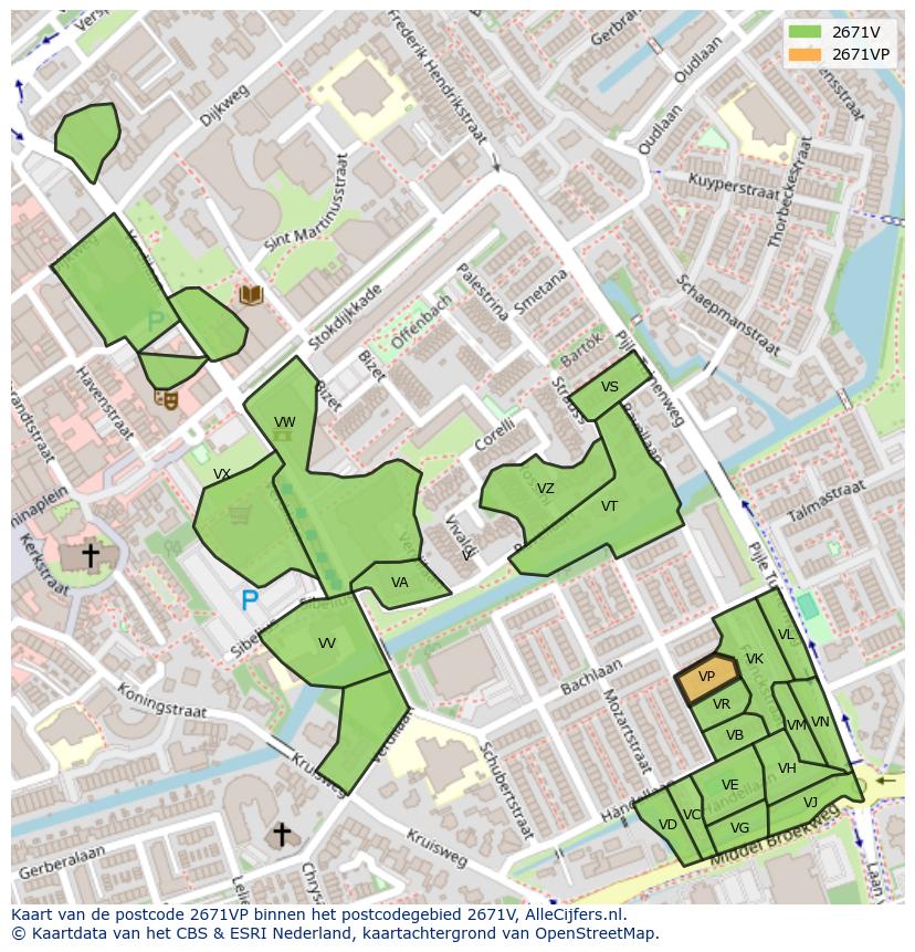 Afbeelding van het postcodegebied 2671 VP op de kaart.