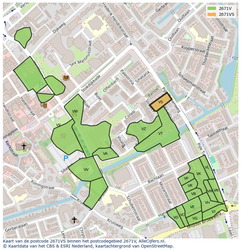Afbeelding van het postcodegebied 2671 VS op de kaart.