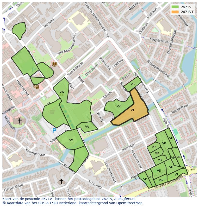 Afbeelding van het postcodegebied 2671 VT op de kaart.