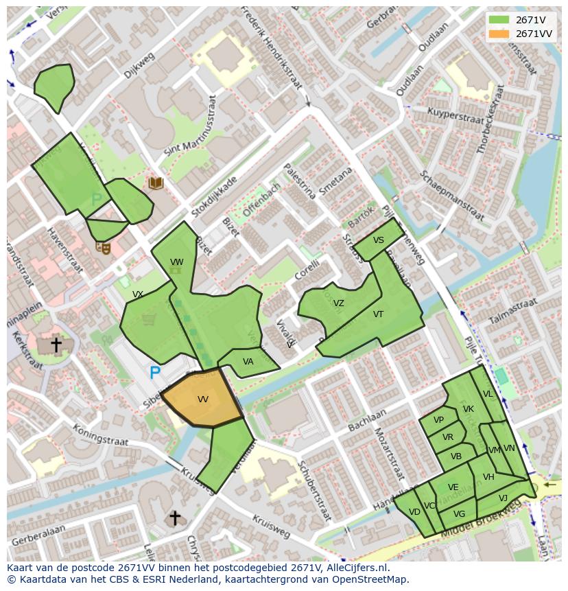 Afbeelding van het postcodegebied 2671 VV op de kaart.