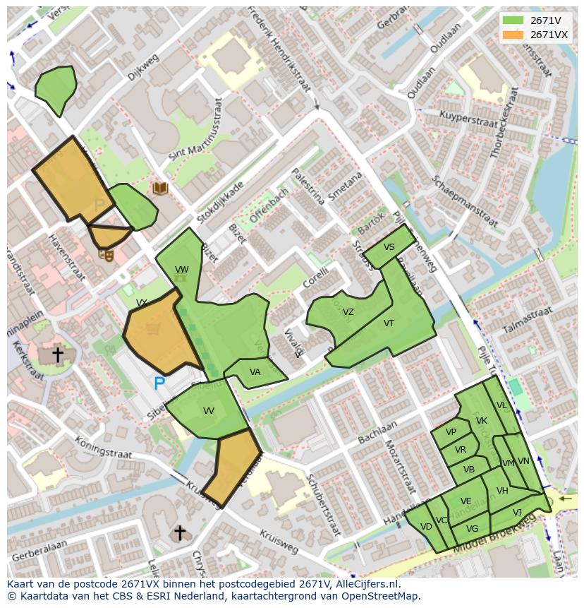 Afbeelding van het postcodegebied 2671 VX op de kaart.