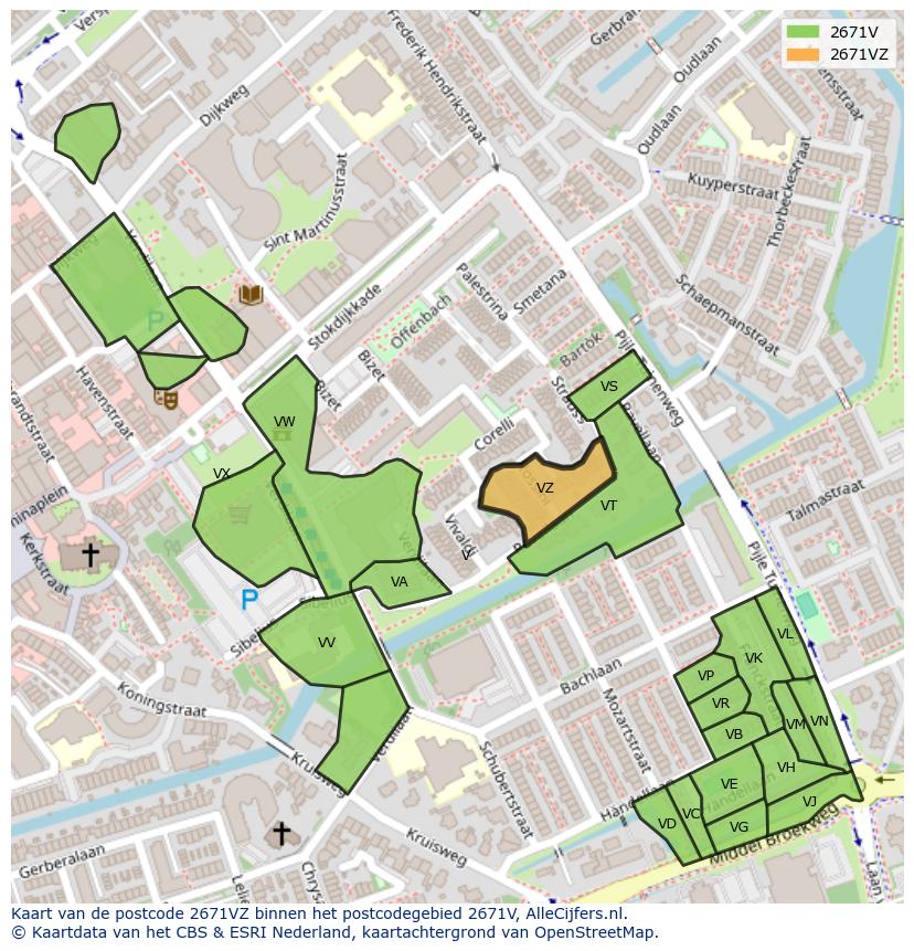 Afbeelding van het postcodegebied 2671 VZ op de kaart.