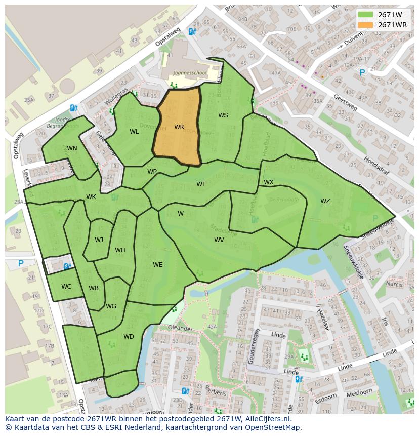 Afbeelding van het postcodegebied 2671 WR op de kaart.