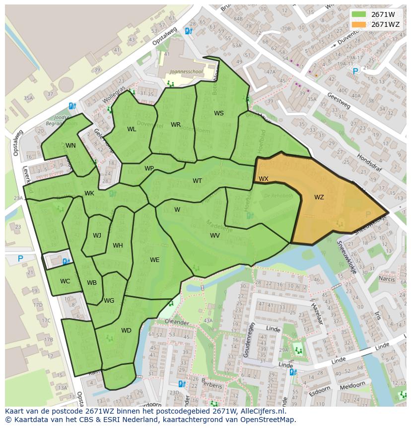 Afbeelding van het postcodegebied 2671 WZ op de kaart.