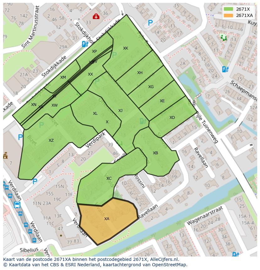 Afbeelding van het postcodegebied 2671 XA op de kaart.