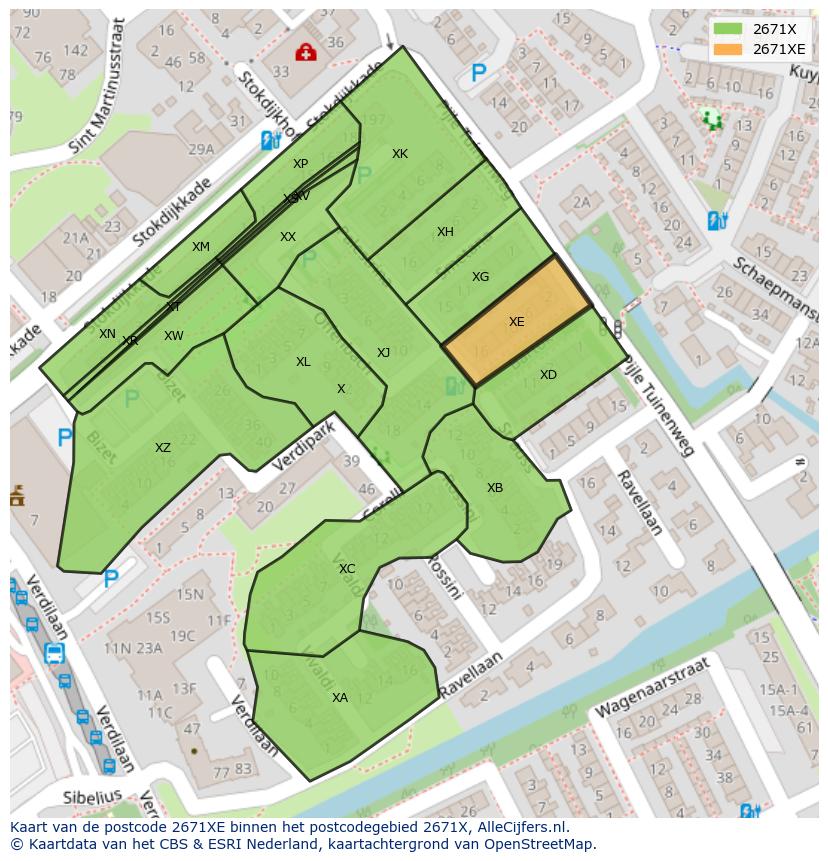 Afbeelding van het postcodegebied 2671 XE op de kaart.
