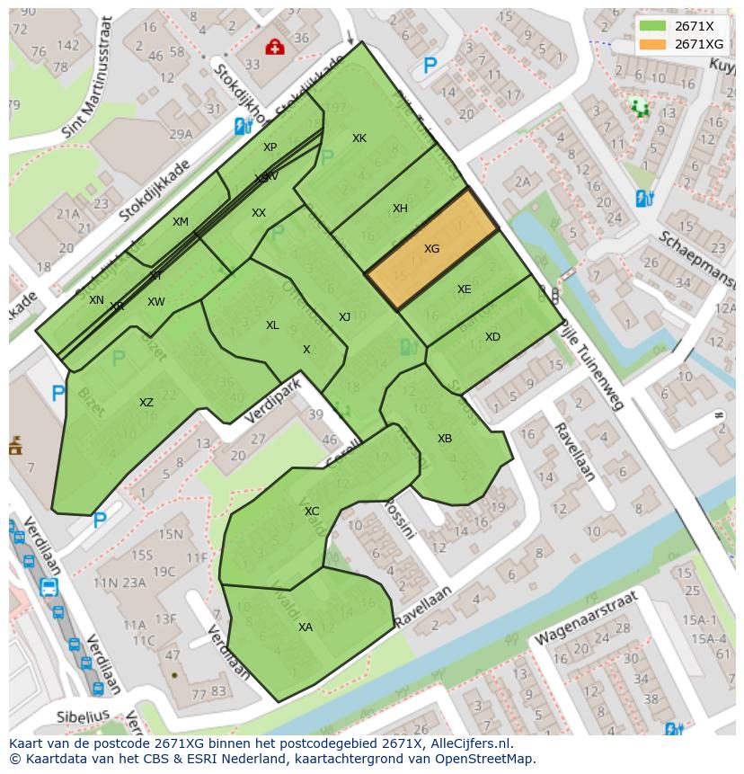 Afbeelding van het postcodegebied 2671 XG op de kaart.