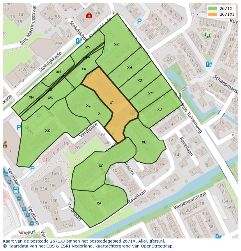 Afbeelding van het postcodegebied 2671 XJ op de kaart.
