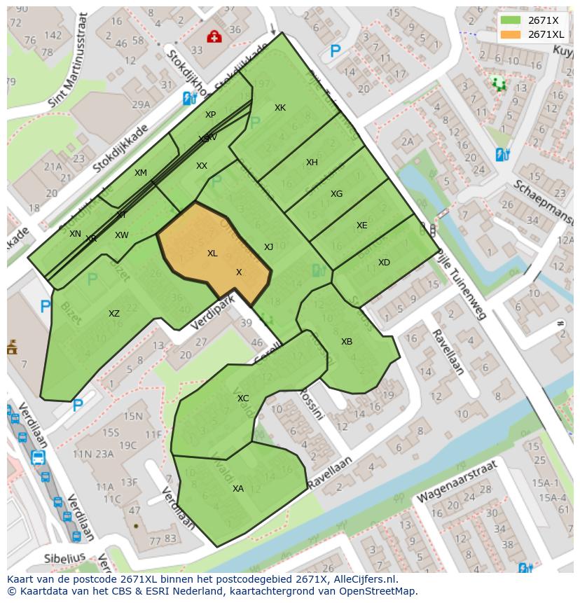 Afbeelding van het postcodegebied 2671 XL op de kaart.