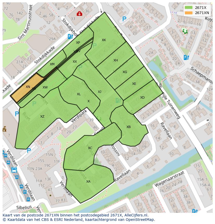 Afbeelding van het postcodegebied 2671 XN op de kaart.
