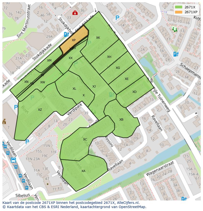 Afbeelding van het postcodegebied 2671 XP op de kaart.