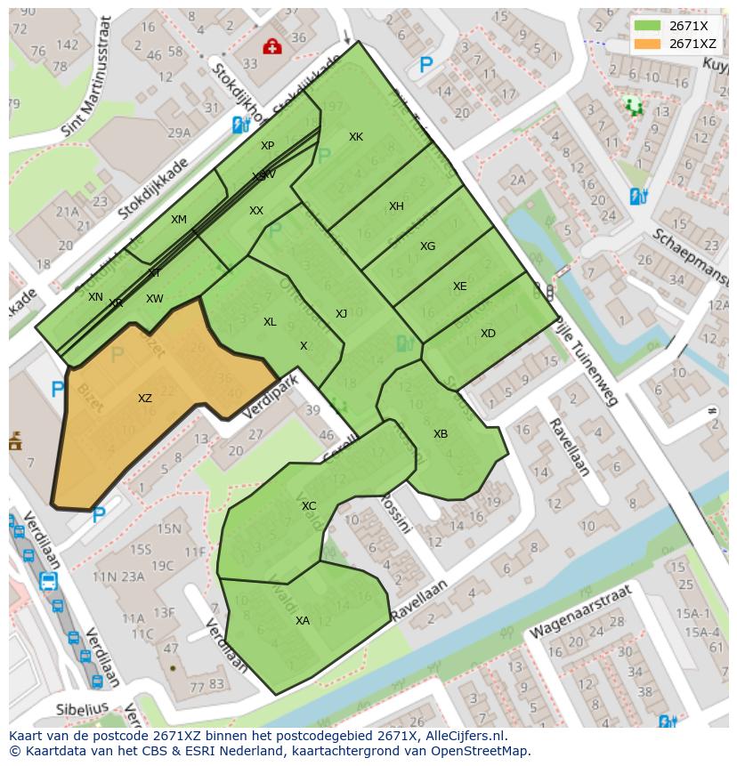 Afbeelding van het postcodegebied 2671 XZ op de kaart.