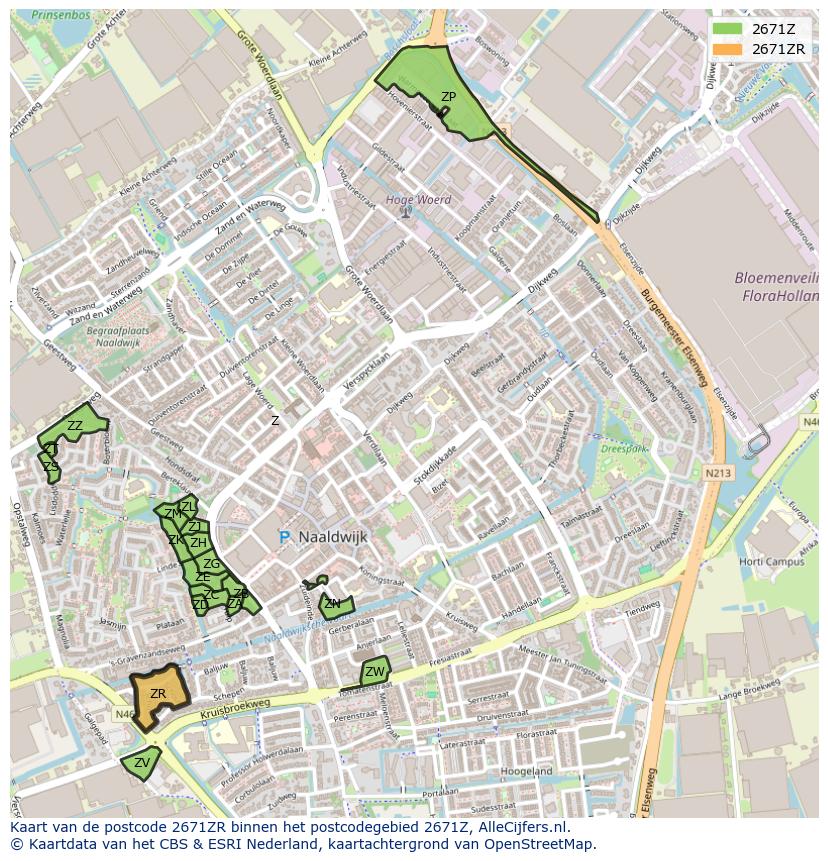 Afbeelding van het postcodegebied 2671 ZR op de kaart.