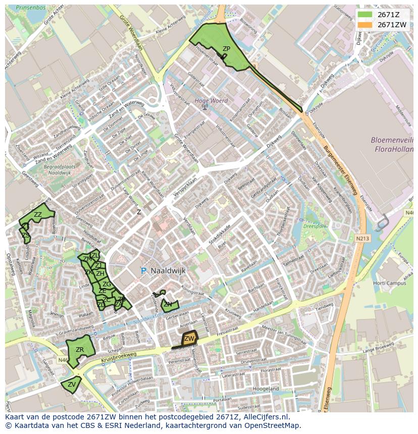 Afbeelding van het postcodegebied 2671 ZW op de kaart.