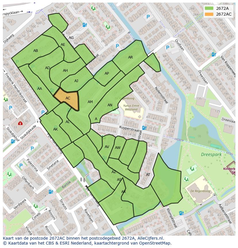Afbeelding van het postcodegebied 2672 AC op de kaart.