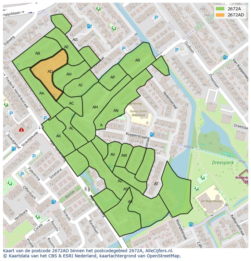 Afbeelding van het postcodegebied 2672 AD op de kaart.