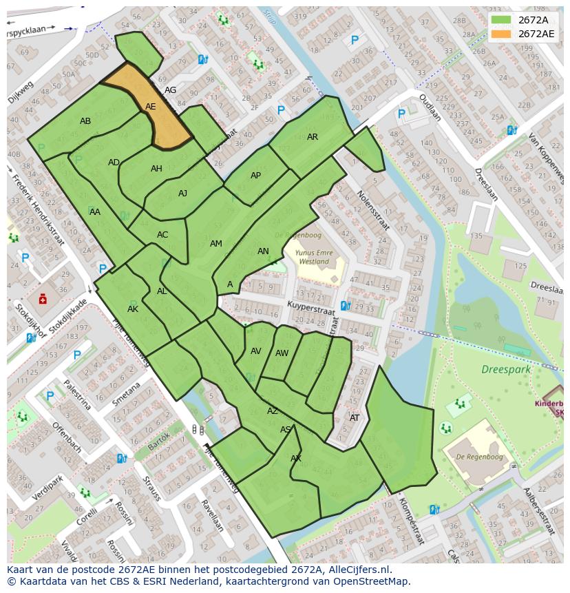 Afbeelding van het postcodegebied 2672 AE op de kaart.
