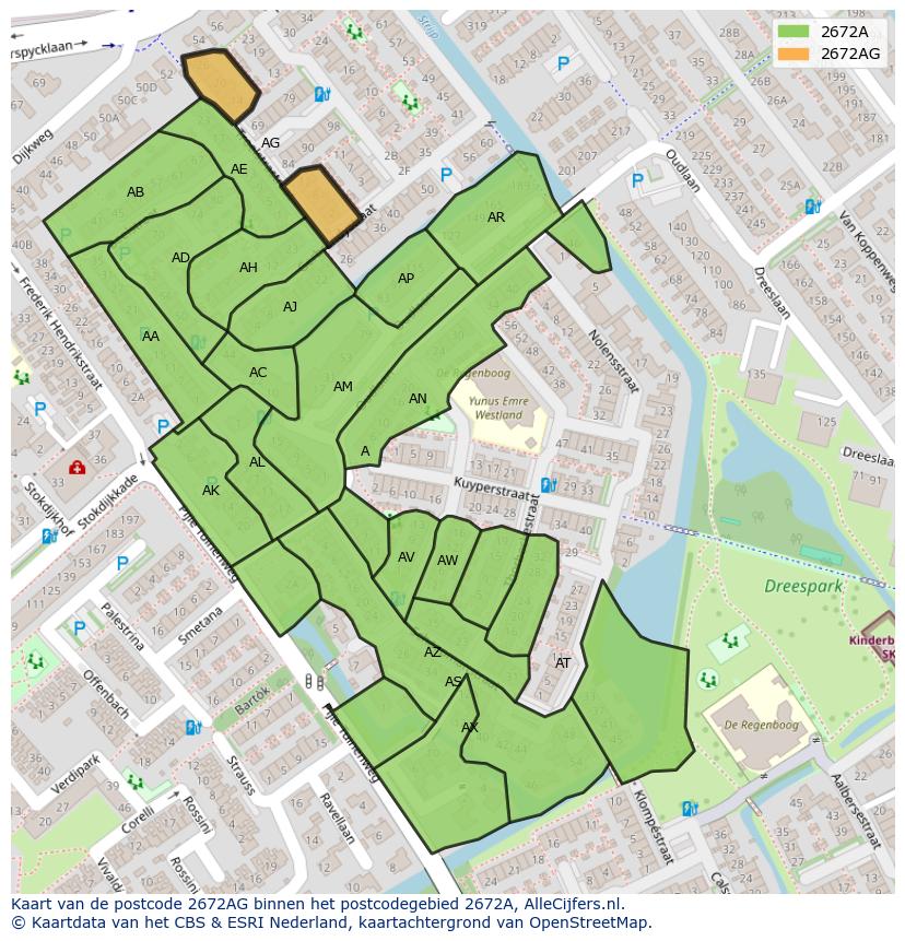 Afbeelding van het postcodegebied 2672 AG op de kaart.