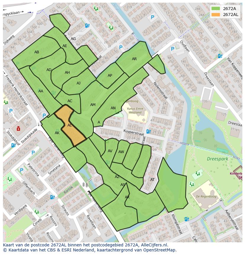 Afbeelding van het postcodegebied 2672 AL op de kaart.