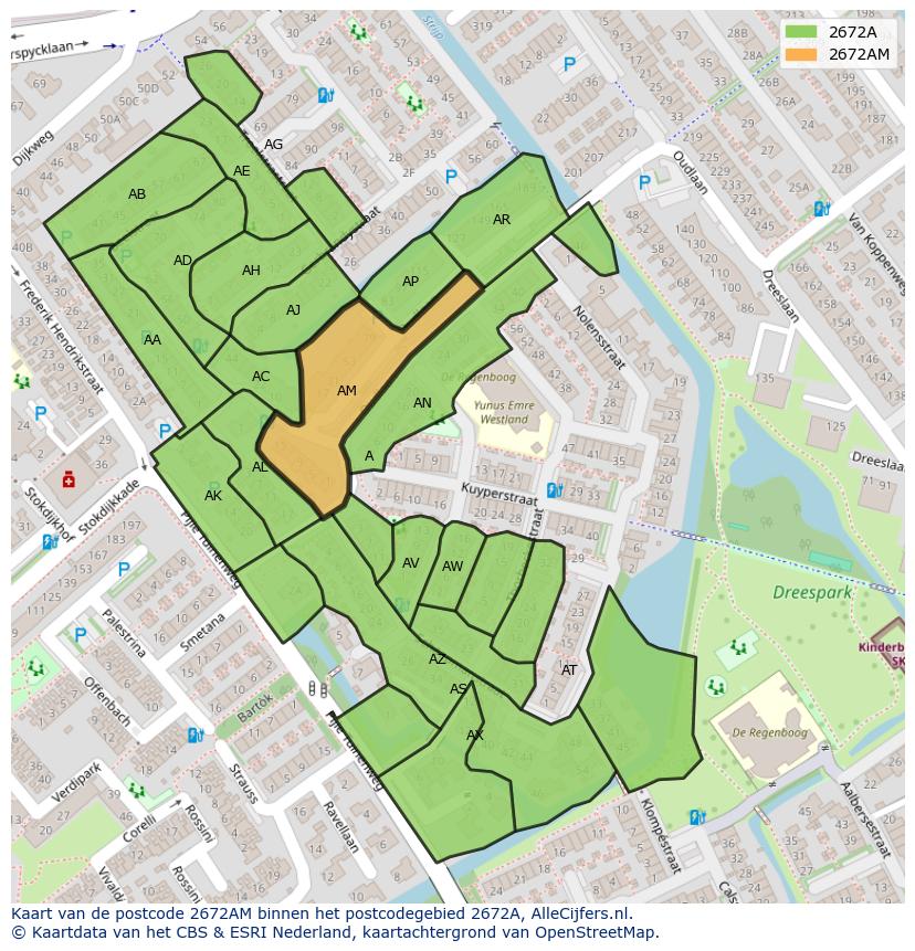 Afbeelding van het postcodegebied 2672 AM op de kaart.