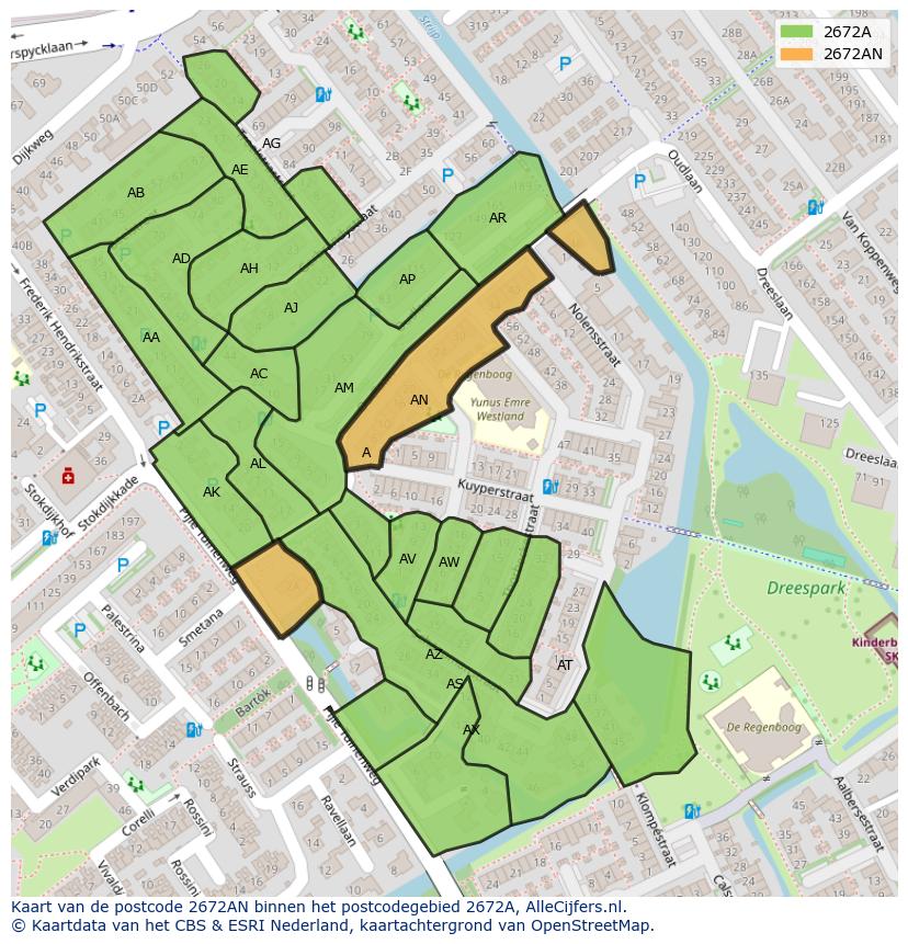 Afbeelding van het postcodegebied 2672 AN op de kaart.