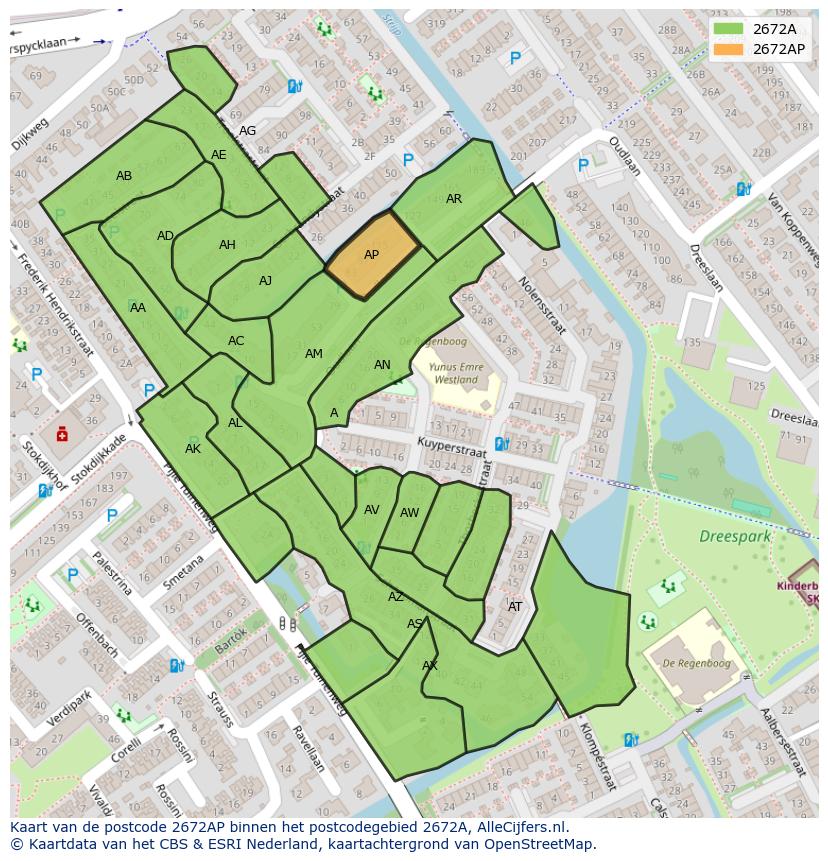 Afbeelding van het postcodegebied 2672 AP op de kaart.