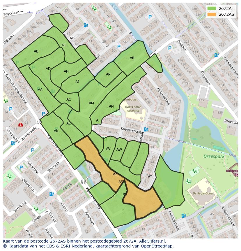Afbeelding van het postcodegebied 2672 AS op de kaart.