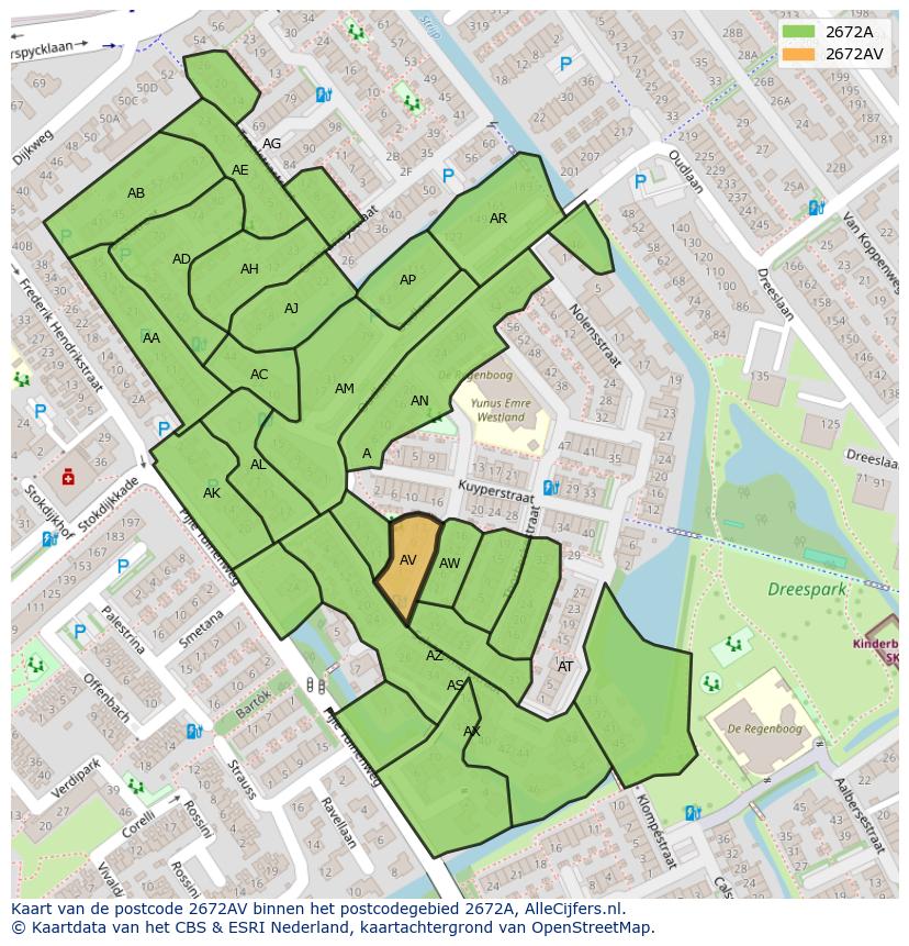 Afbeelding van het postcodegebied 2672 AV op de kaart.
