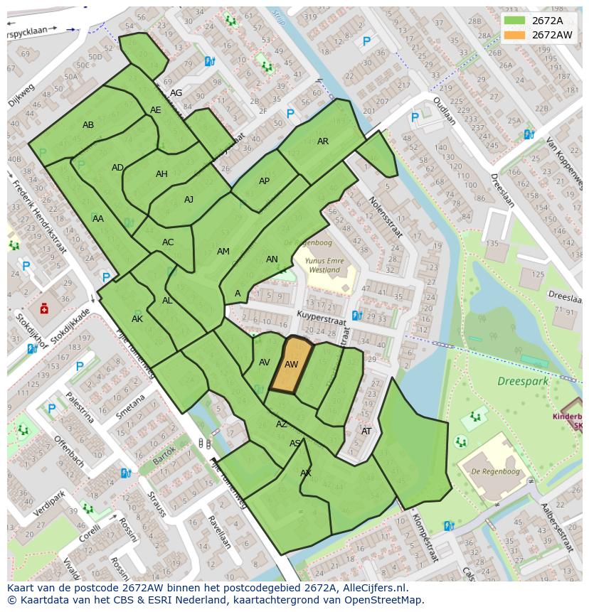 Afbeelding van het postcodegebied 2672 AW op de kaart.