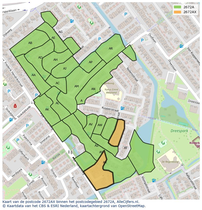 Afbeelding van het postcodegebied 2672 AX op de kaart.