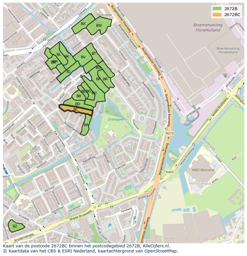 Afbeelding van het postcodegebied 2672 BC op de kaart.