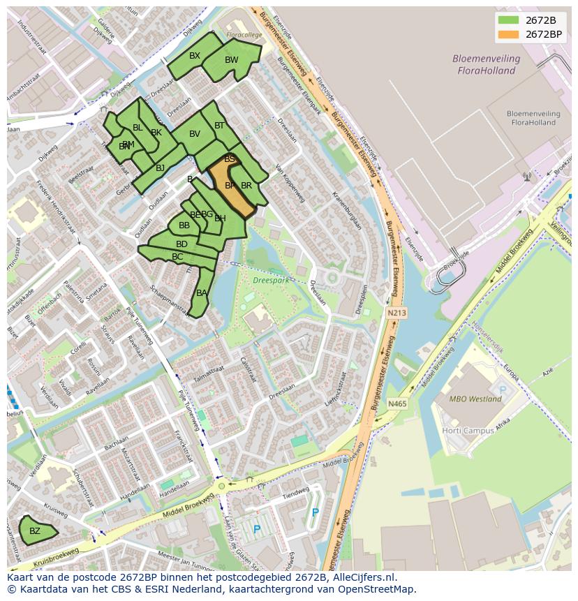Afbeelding van het postcodegebied 2672 BP op de kaart.