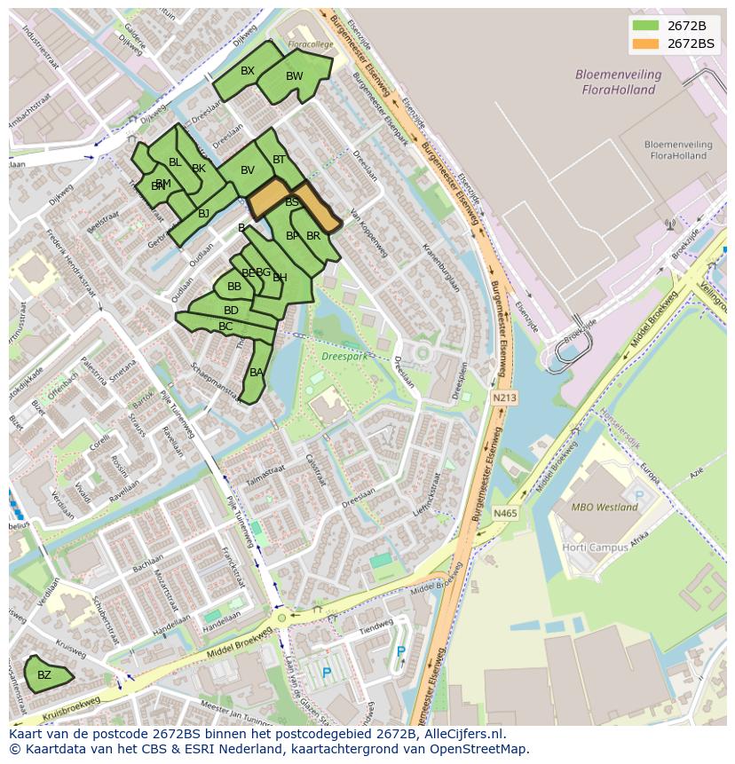 Afbeelding van het postcodegebied 2672 BS op de kaart.