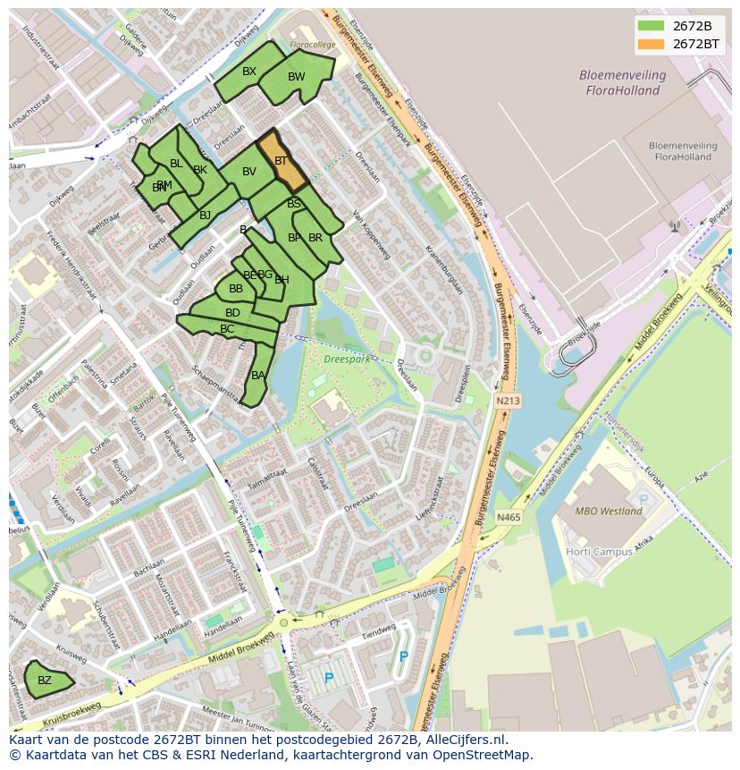 Afbeelding van het postcodegebied 2672 BT op de kaart.