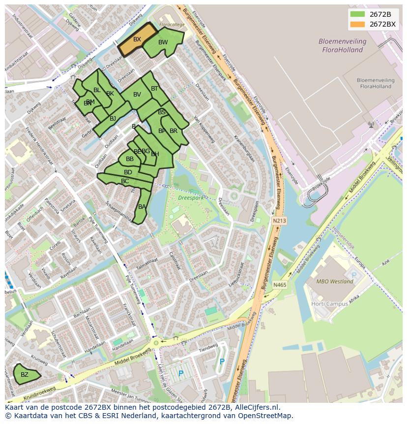Afbeelding van het postcodegebied 2672 BX op de kaart.
