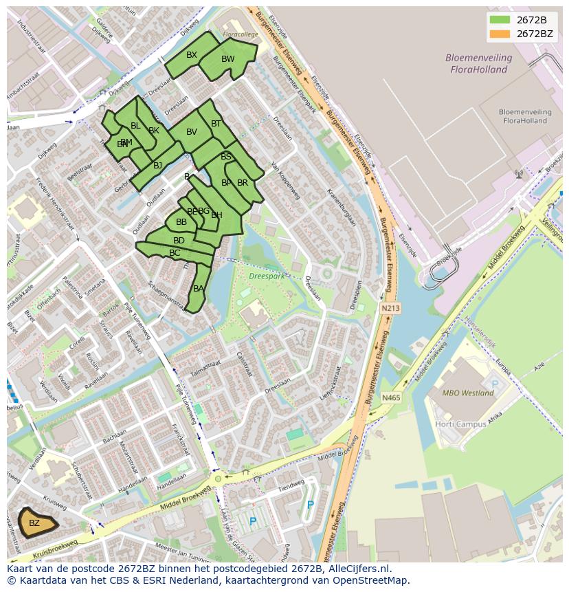 Afbeelding van het postcodegebied 2672 BZ op de kaart.